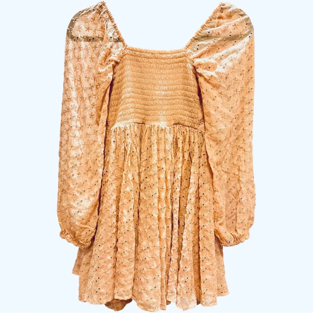 New Free People‎ Malina Mini Babydoll A-Line Eyelet Peachy Pink Boho Dress Small - Image 5
