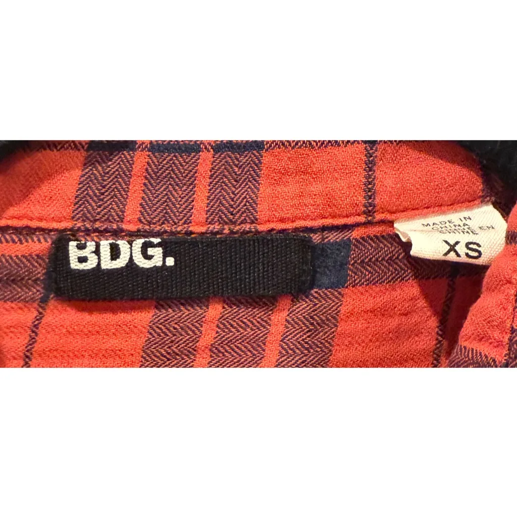 BDG Red Navy Plaid Long Sleeve Button Down Shirt - Image 2