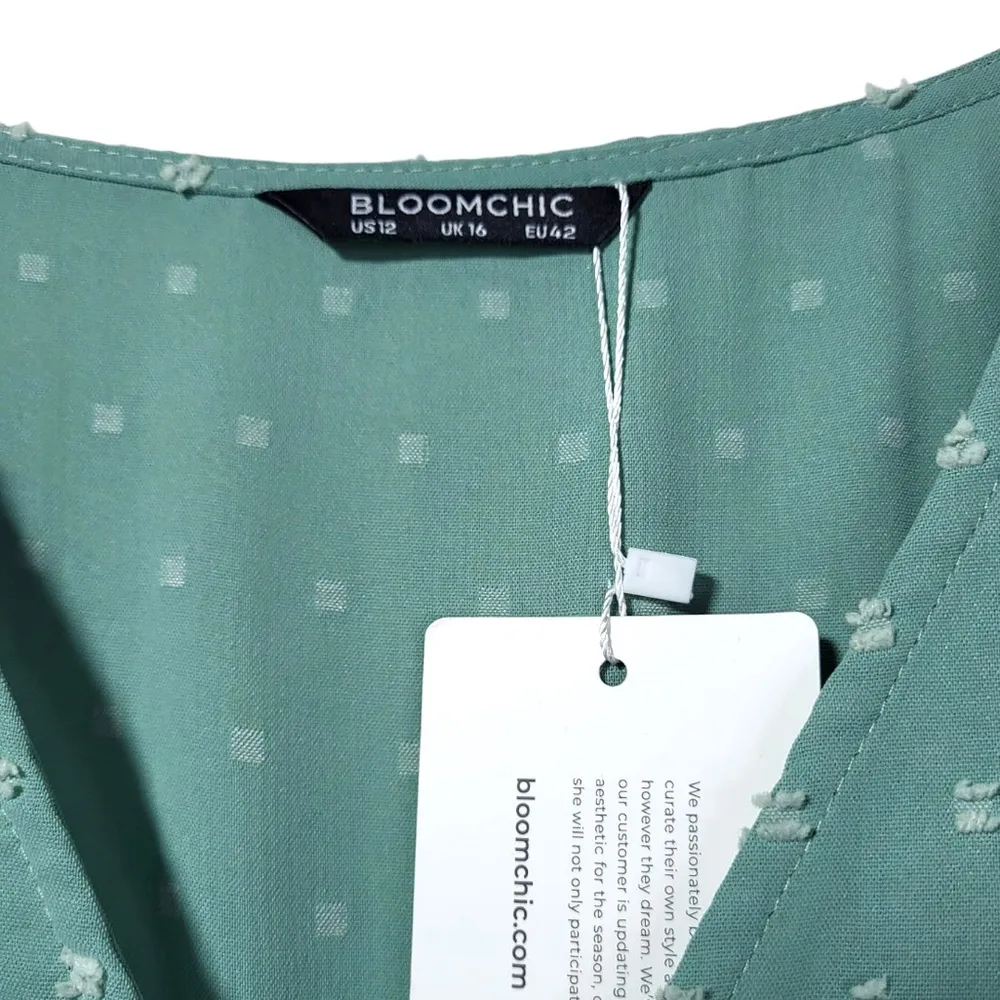 NWT BloomChic Swiss Dot Crochet Short Sleeves Belted Midi Dress in Mint Green - Image 2