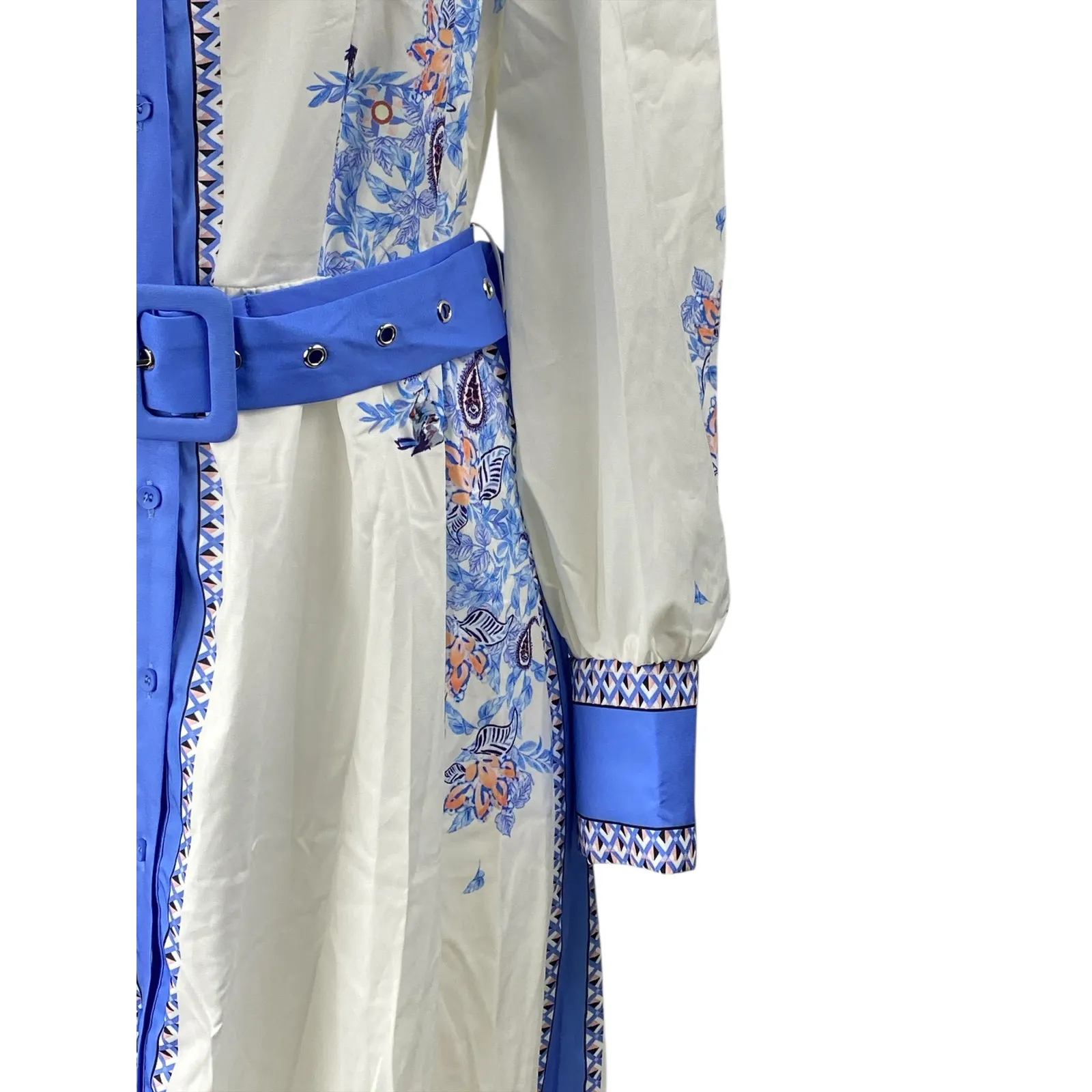 Women's White Blue Floral Long Sleeve Button Up Belted A Line Maxi Dress Size L Size L - Image 2