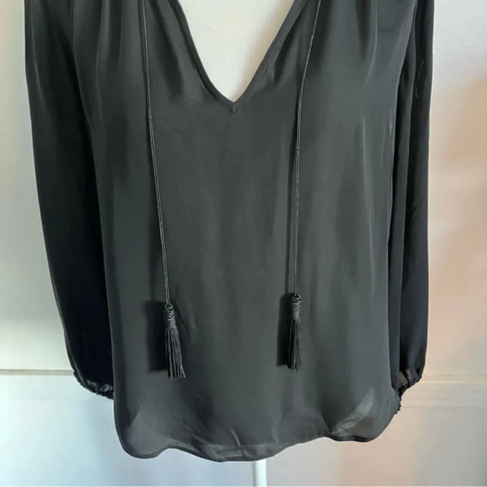 Joie • Black Long Sleeve Split V Tie Neck 100% Silk Odelette Blouse - Image 5