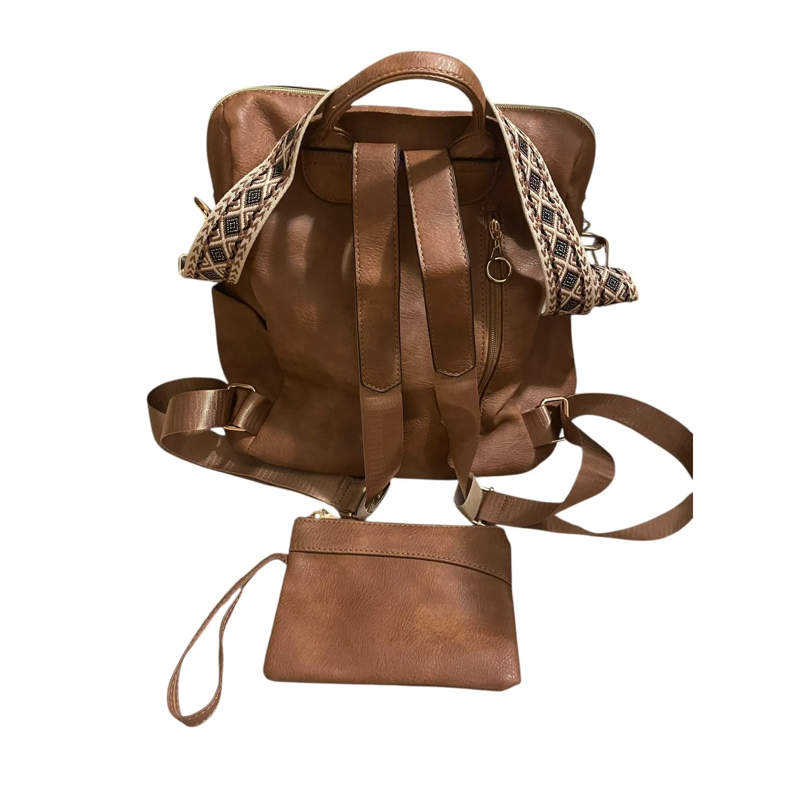 Convertible Cognac Vegan Leather Backpack Purse Set w Wristlet Boho Strap NWOT Brown - Image 3