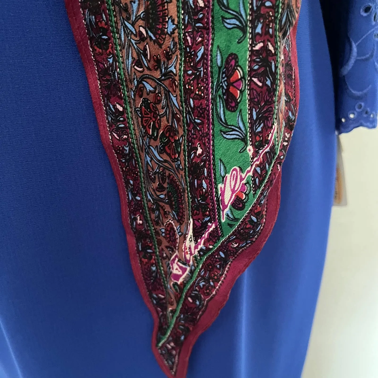 ANNE KLEIN Long Rectangle Scarf 70" x 11" Royal Tones Floral Burgundy Signed - Image 9