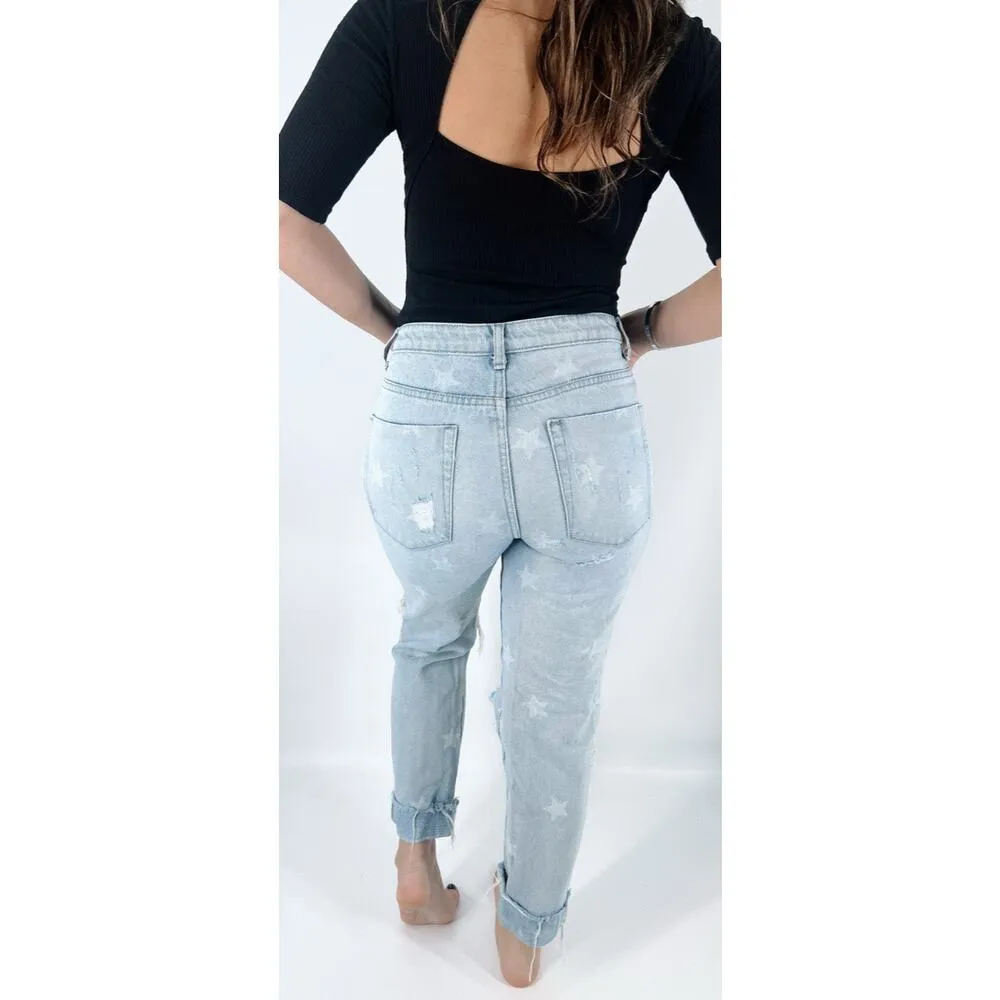 Dance and Marvel Distressed Star Print Medium Rise Light Wash Jeans Size Small - Image 2
