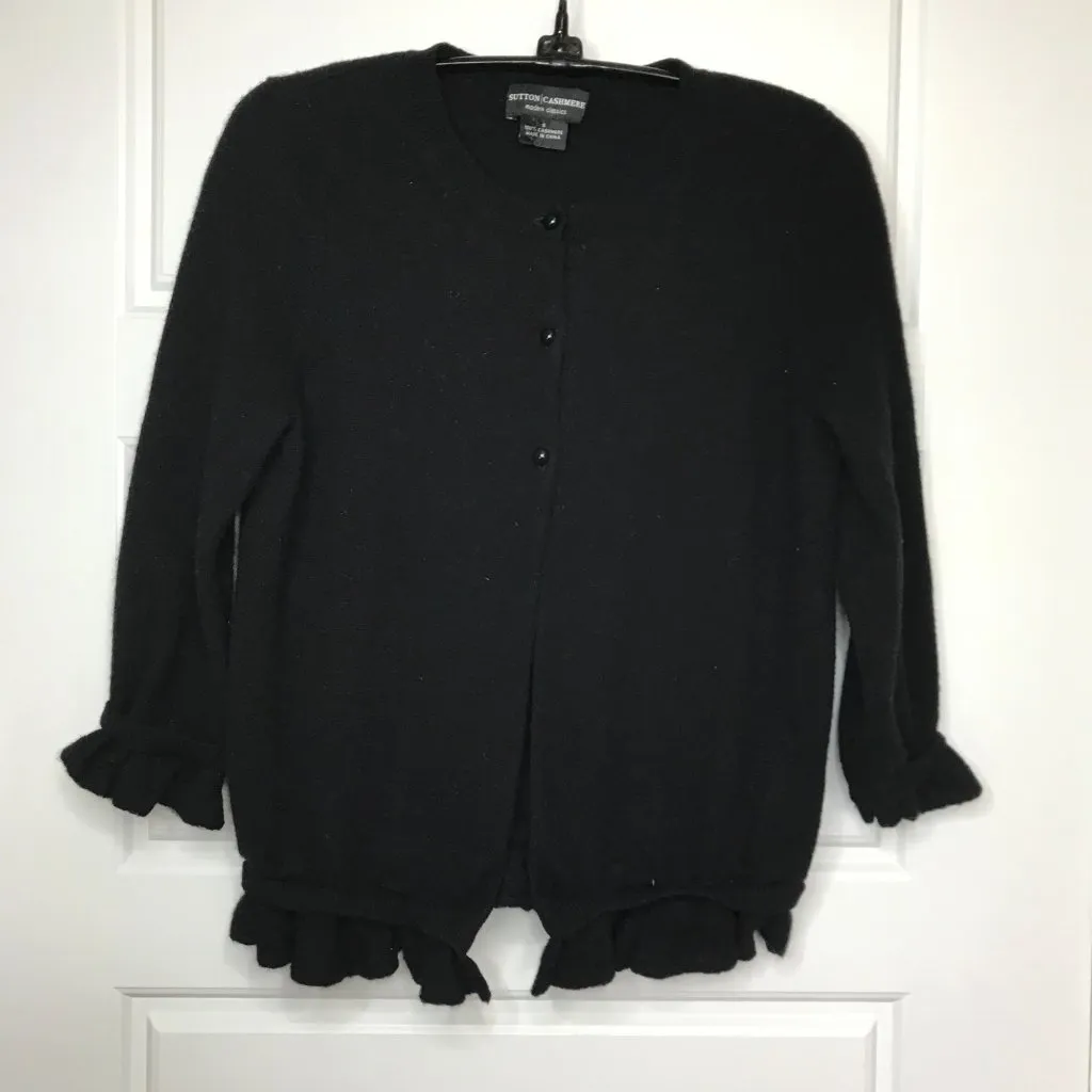 Sutton Cashmere Modern Classic Ruffle Black 3 Button Cardigan Sweater Women's S - Image 2