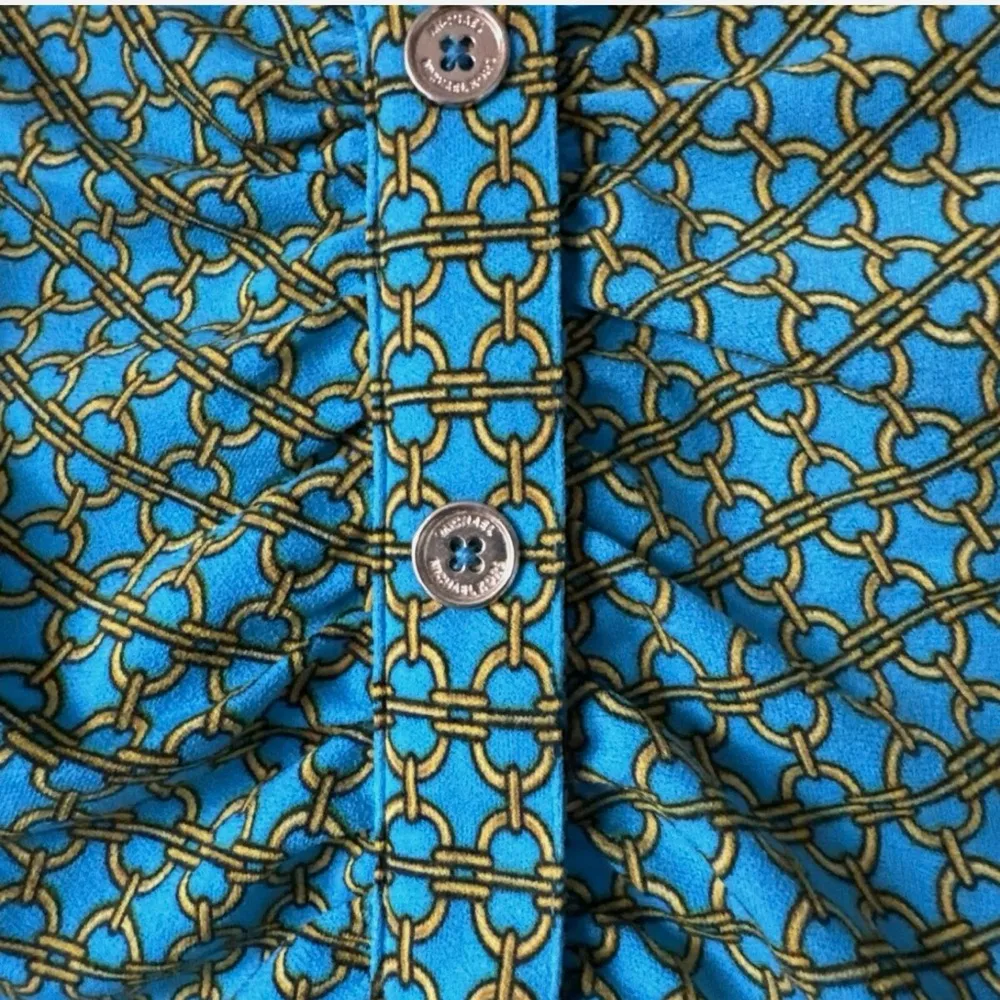 XS $98NWT Michael Kors Long Sleeves Top Milo’s Blue Blouse Buttons Up Gold Chain Green - Image 3
