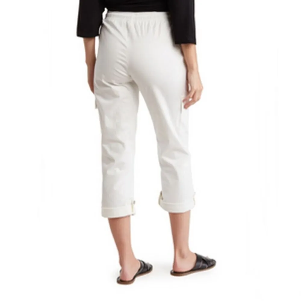 NEW Patrizia Luca Adjustable Roll Tab Capri Cargo Pants in White Boho Size Large - Image 2