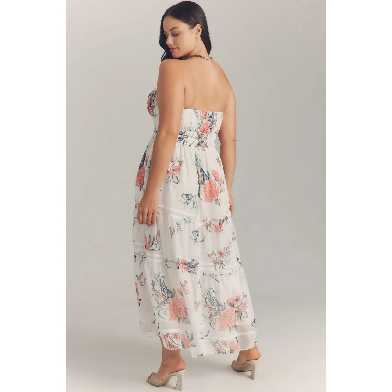 Anthropologie Somerset Strapless Floral Chiffon Midi Dress Ivory NWT Size L - Image 2