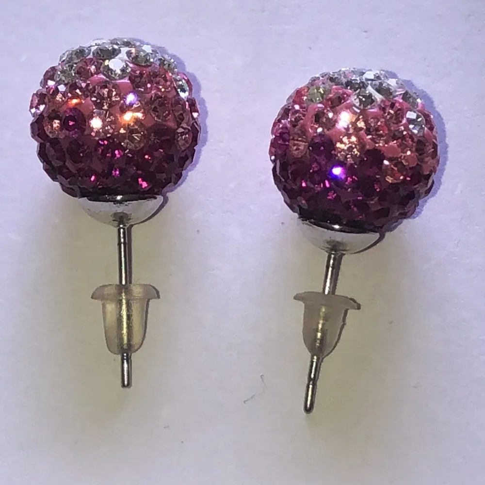 Pink Ombré and Silver Tone CZ Rhinestone Ball Stud Boho Earrings - Image 6