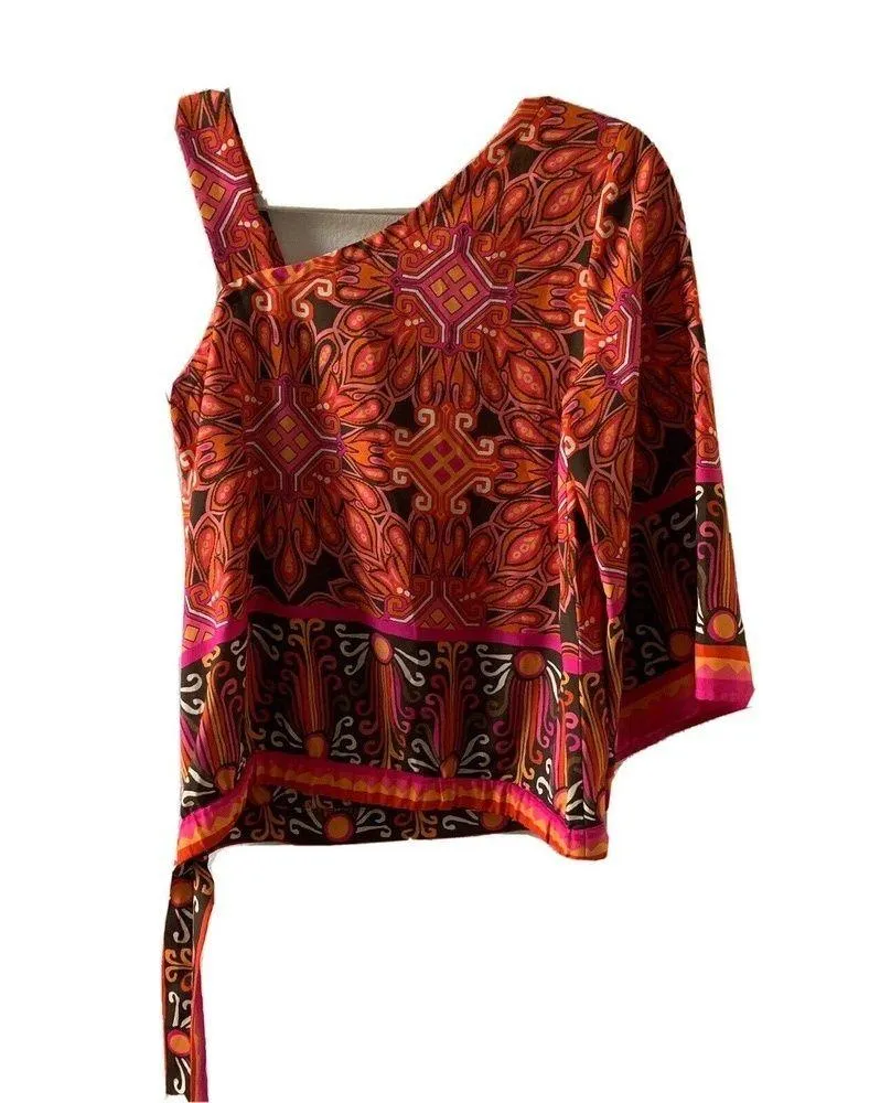 Chico's Womens Size Small Multicolor Artsy Print One Shoulder Blouse Top - Image 3