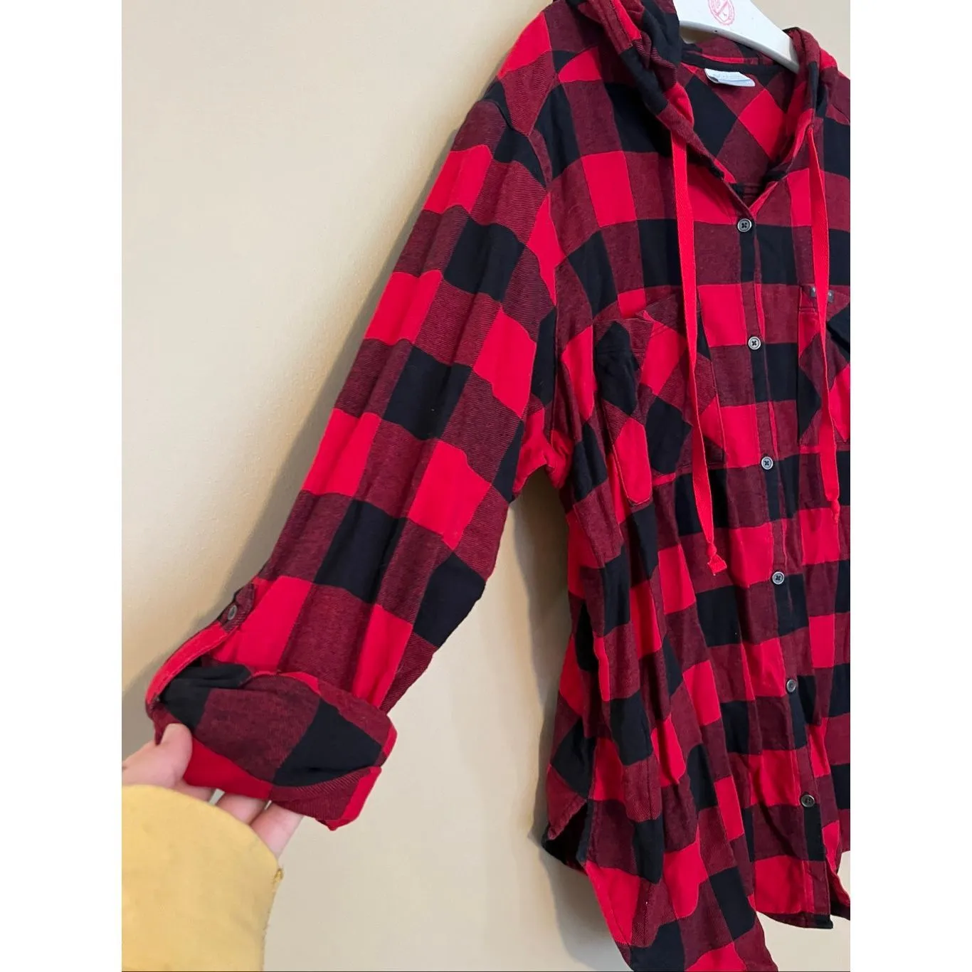 Columbia Red And Black Plaid Hooded Flannel Top Woman’s Size 2X Flaws - Image 2