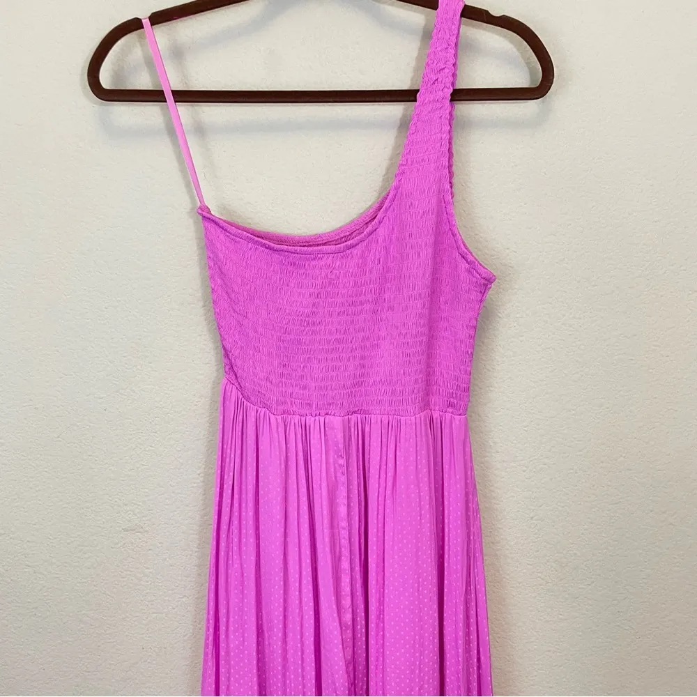 Saltwater Luxe‎ Pink One Shoulder Satin Dotted Smocked Tiered Maxi Dress Size S - Image 9