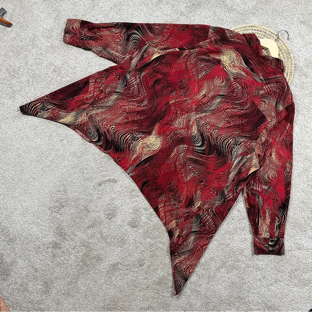 Catherines Collared Button-Up Top Blouse Asymmetric Artsy Boho Red Plus Size 3X - Image 9
