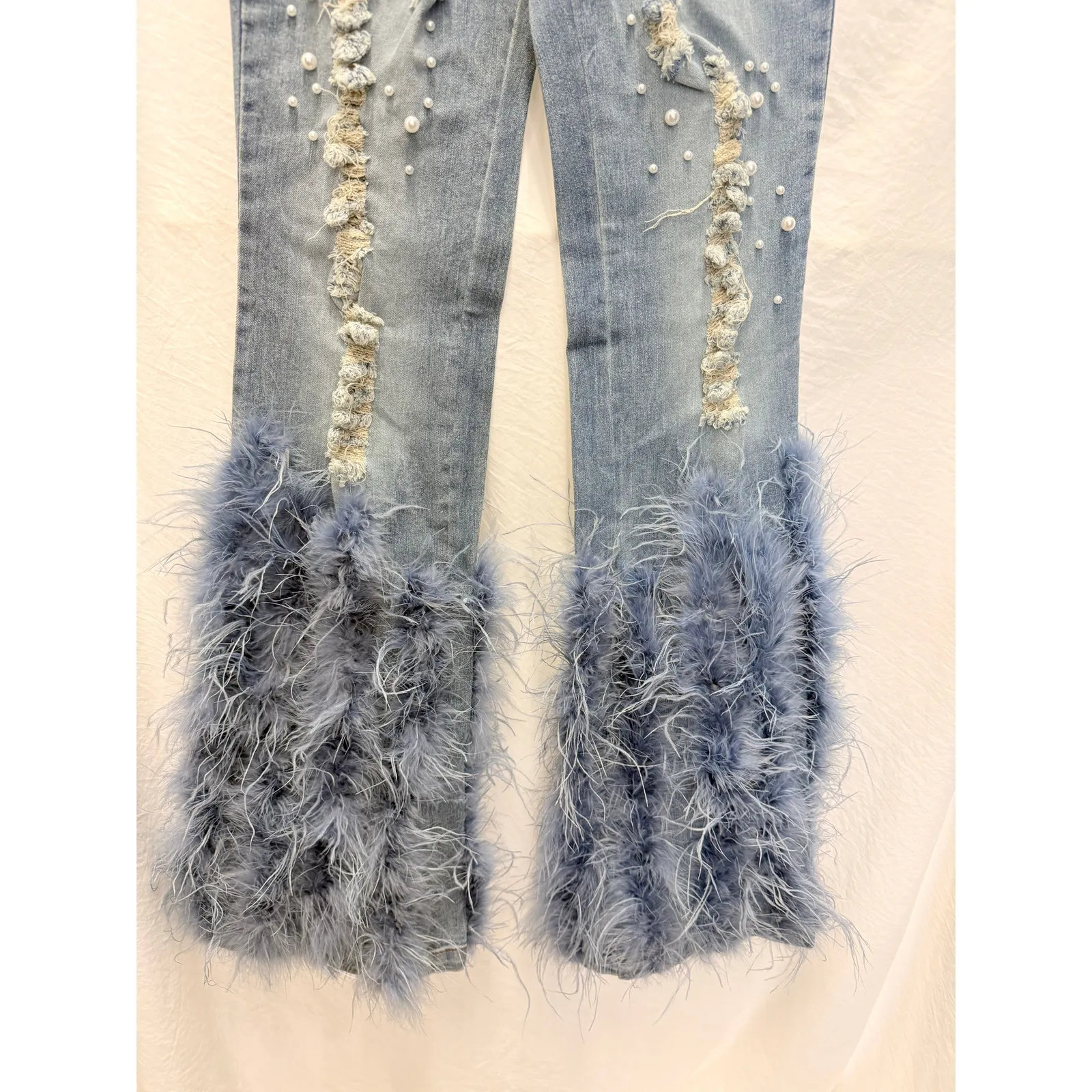Nichole Lynel | NEW‎ Feather Pearl Flare Denim Small Gala Party Clubbing Blue Size 6 - Image 5