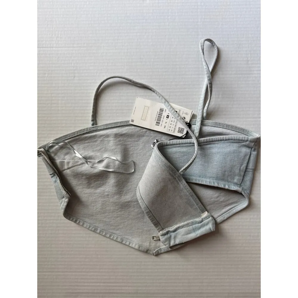 NWT Zara blue denim bandana crop top spaghetti straps zip side close medium - Image 7