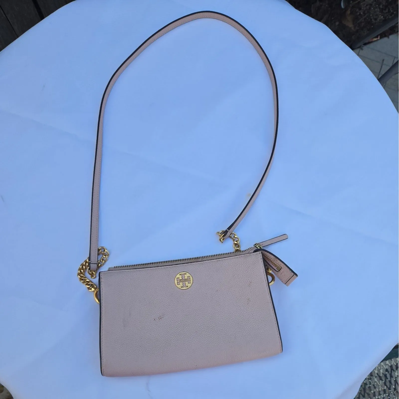 Tory Burch Crossbody Brown Everly Mini Top Zip Gold Details Pink Leather - Image 5
