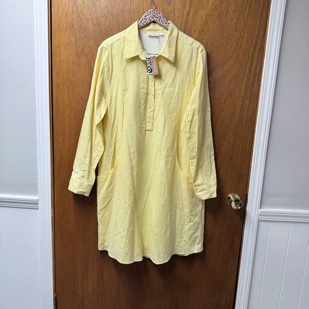 NEW Roller Rabbit Raisa Long Sleeve Shirt Dress Midi Cotton Linen Yellow XL - Image 16
