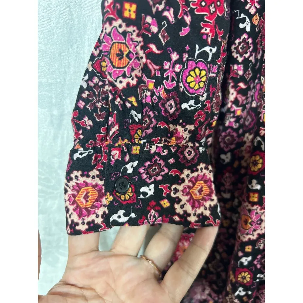 Lane Bryant Tunic 22 24 Black Pink Floral Shirt Dress Roll Tab Boho Flowy Long - Image 4