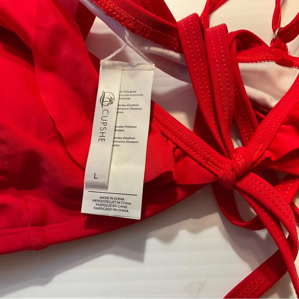 Cupshe Red Ruffle Bikini Top Only Sz L Tie Front Removable Pads - Image 2