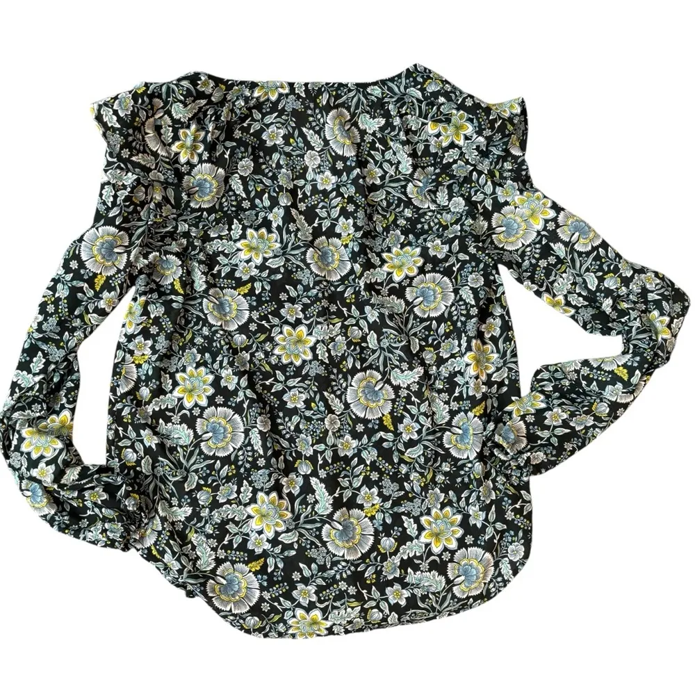 Loft xs ruffle blouse crewneck navy green paisley print floral black boho - Image 6