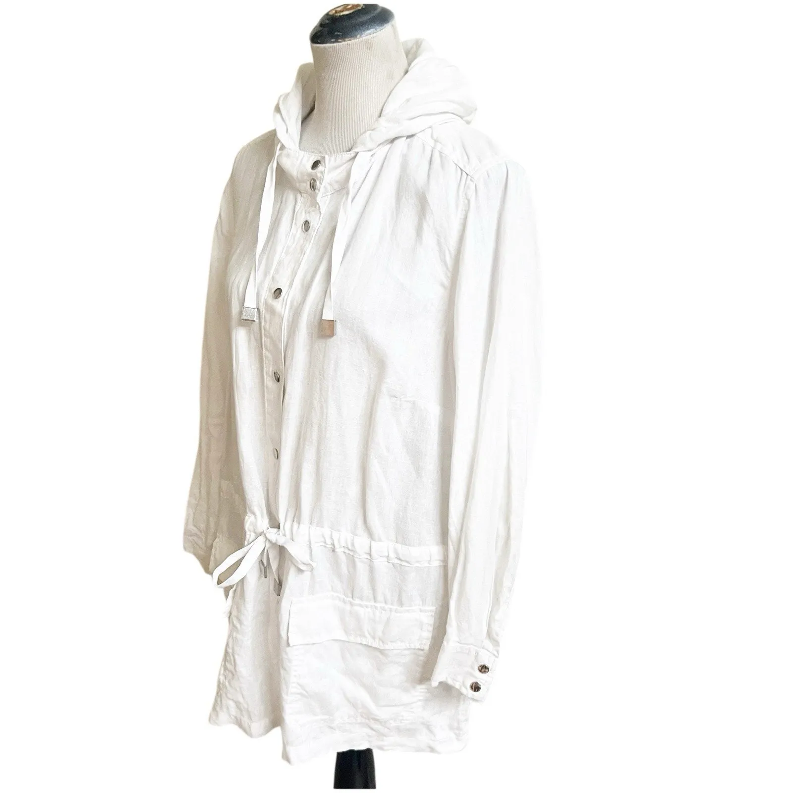 Rachel By Rachel Roy White 100% Linen Jacket Sz 1X Hood Drawcord Waist Washable - Image 3