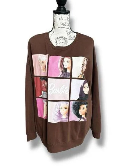 Barbie Hybrid Apparel Panel Squares Cozy Graphic Lightweight Brown Crewneck 2X - Image 1