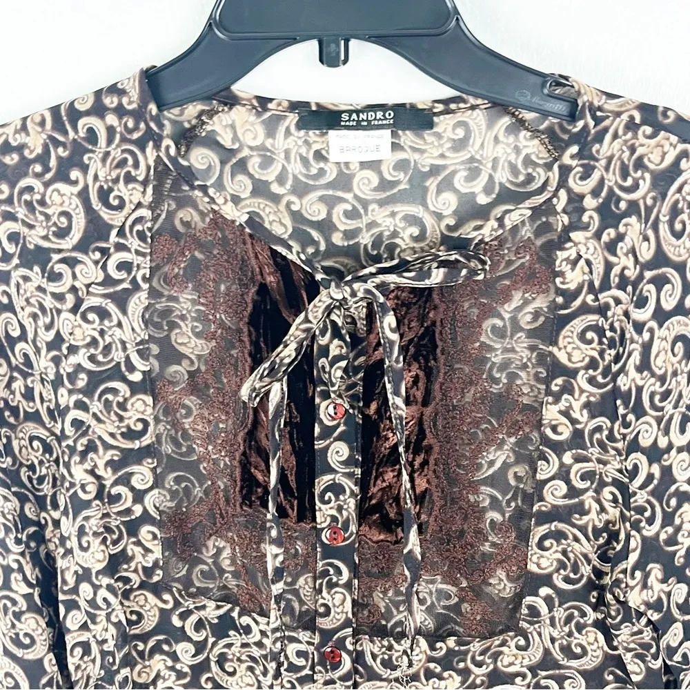 SANDRO Baroque Brown Paisley Print Sheer Lace Trim Bohemian Blouse, Size Small - Image 9