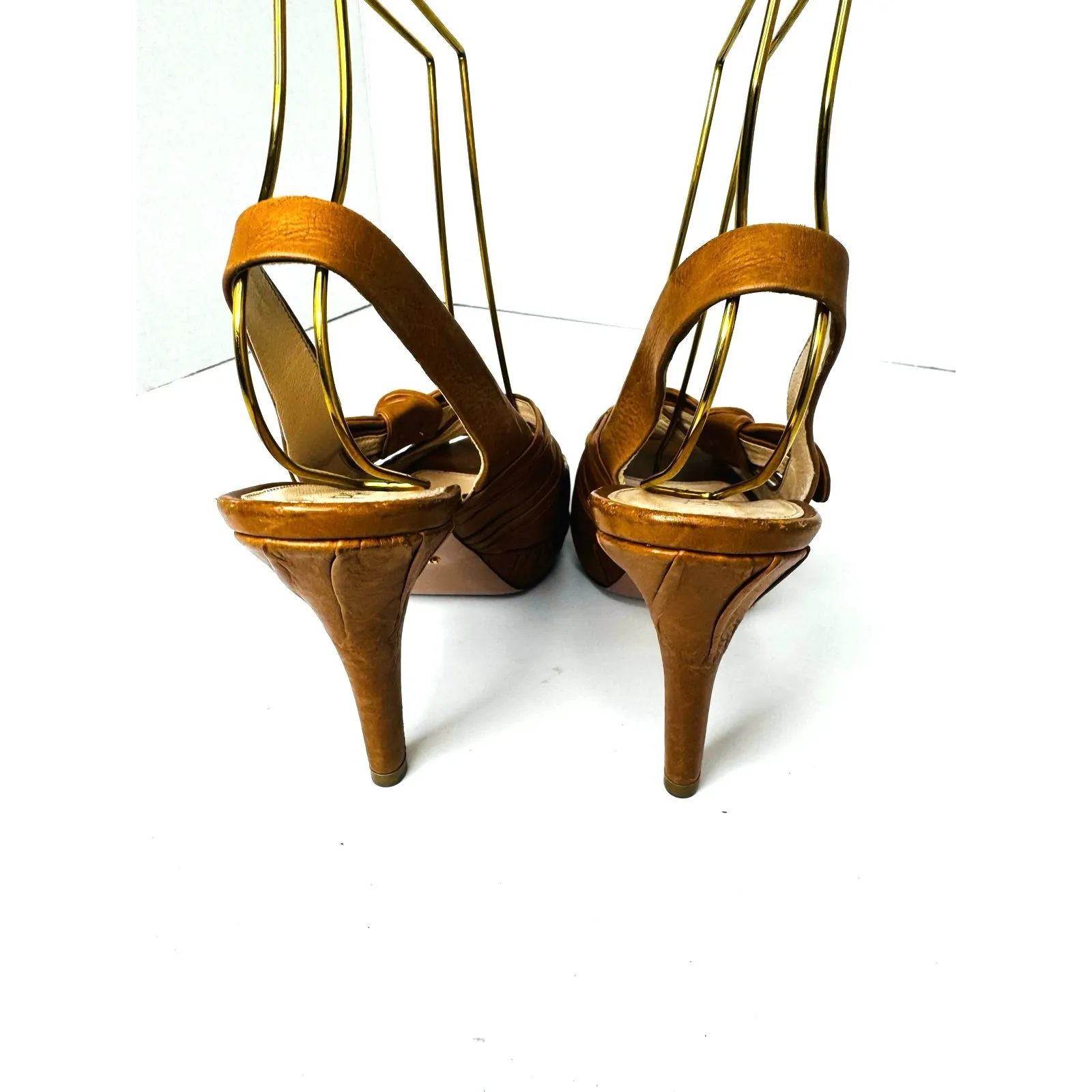 Prada Tan Leather Slingback Heels Size 36 Knotted Platform Sandals - Image 7