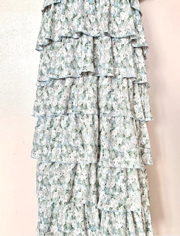 One Loved Babe Green Blue Floral Pleated Tiered Maxi Dress - Image 2