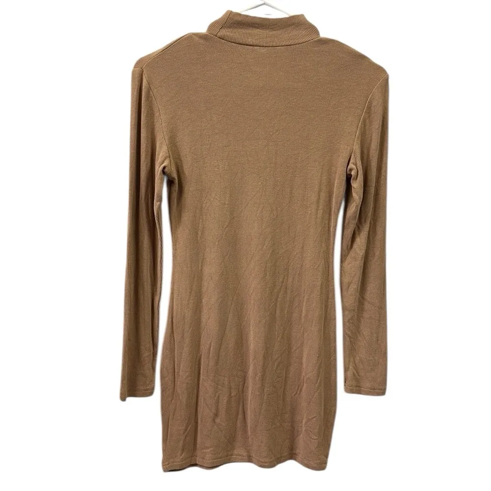 High Neck Tan Nude Ribbed Long Sleeve Micro Mini Shirt Dress Womens Small - Image 7