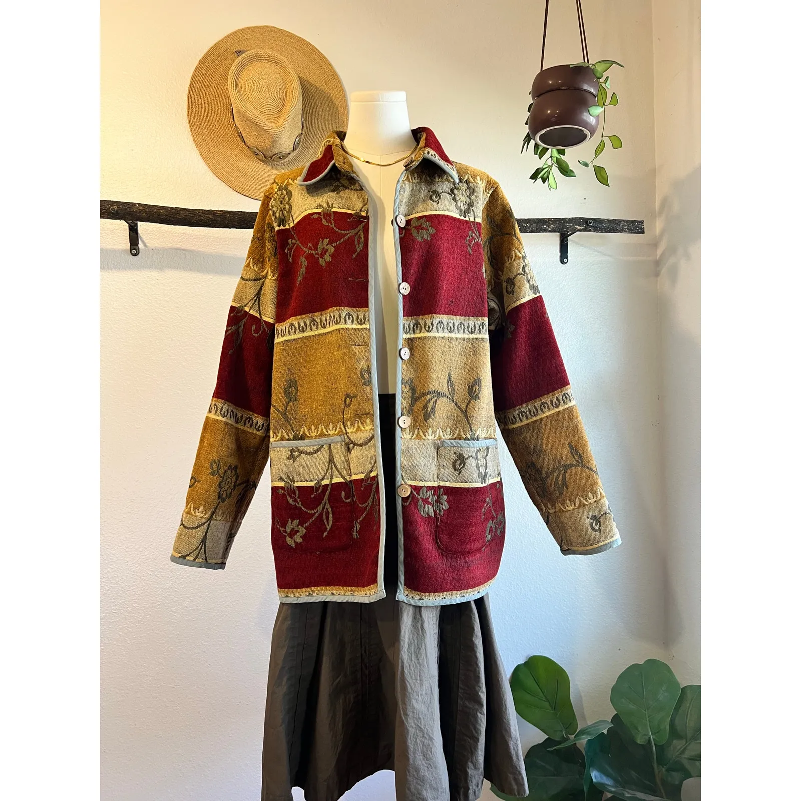 Tally Ho Vintage 90s Red Tapestry Floral Button Front Chore Jacket Size XL India - Image 5
