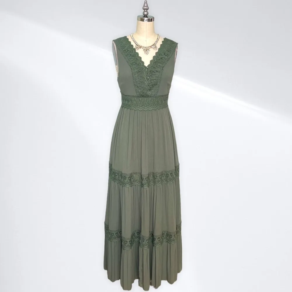 Davi & Dani Lace Crochet Tiered Maxi Dress Sage Green Small - Image 2