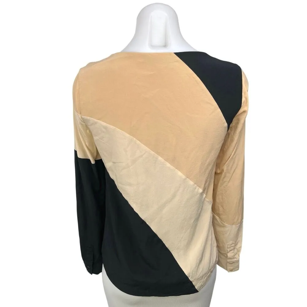 Diana Von Furstenberg Cream Black 100% Silk Colorblock Long Sleeve Blouse Top 2 - Image 2