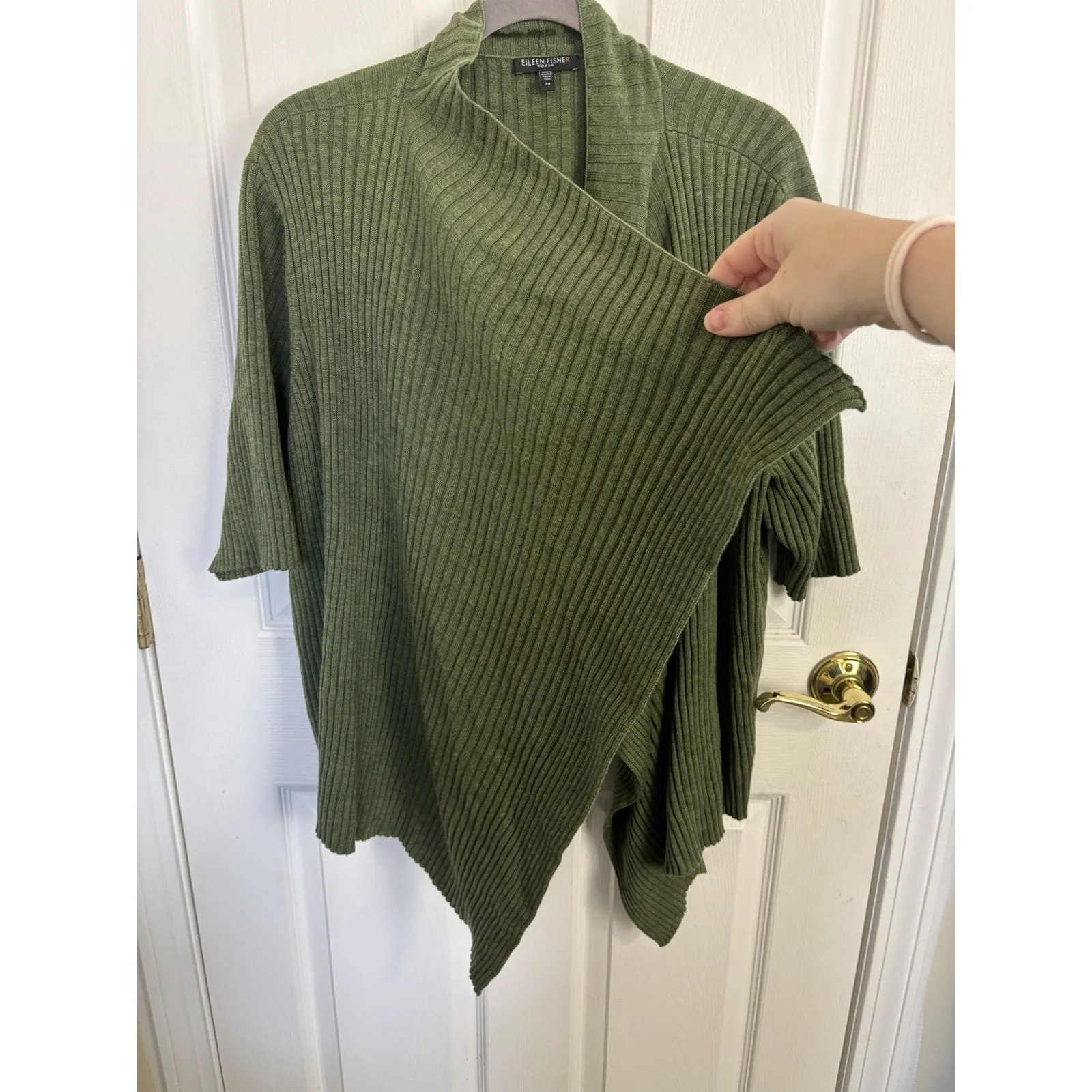 Eileen Fisher 100% Merino Wool Green Open Front Water Fall Cardigan Size 2X FLAW - Image 5