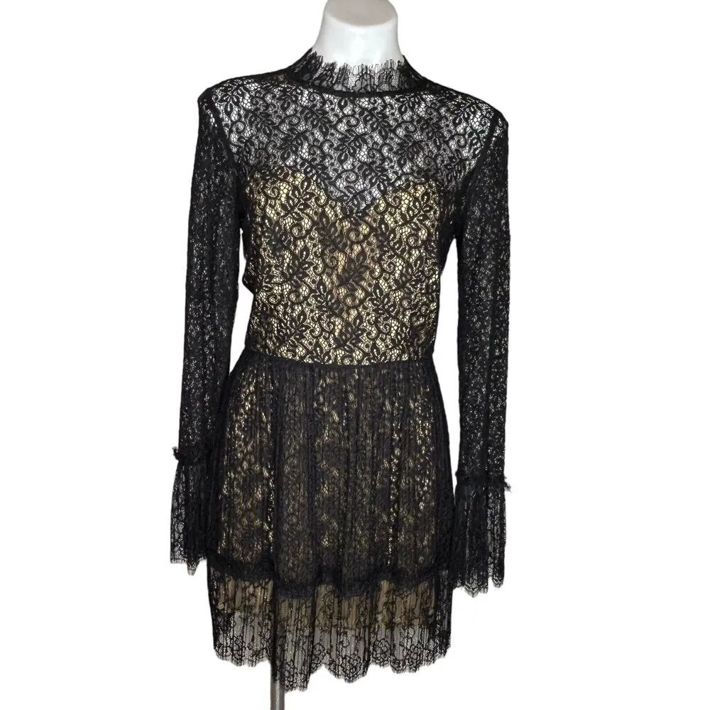 SAYLOR Amity Black Lace Long Sleeve Back Cutout Mini Dress Mock Neck M ($265) - Image 3