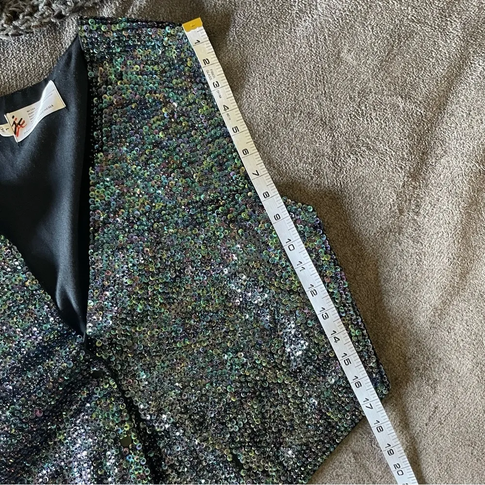 Vintage Sequin Embellished Satin Tuxedo Waistcoat Top Large Unisex Black - Image 4