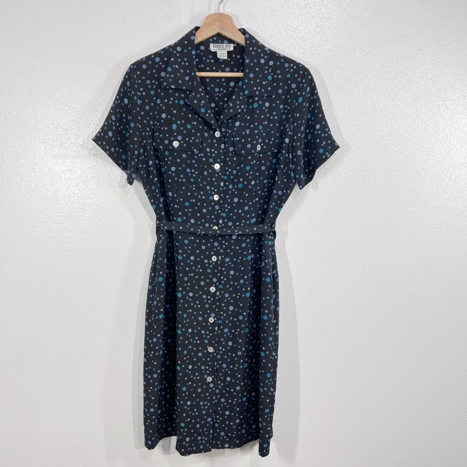 Vintage Robbie Bee Petite‎ 100% Silk Shirt Dress 10P Polka Dot Belted Black Blue - Image 2