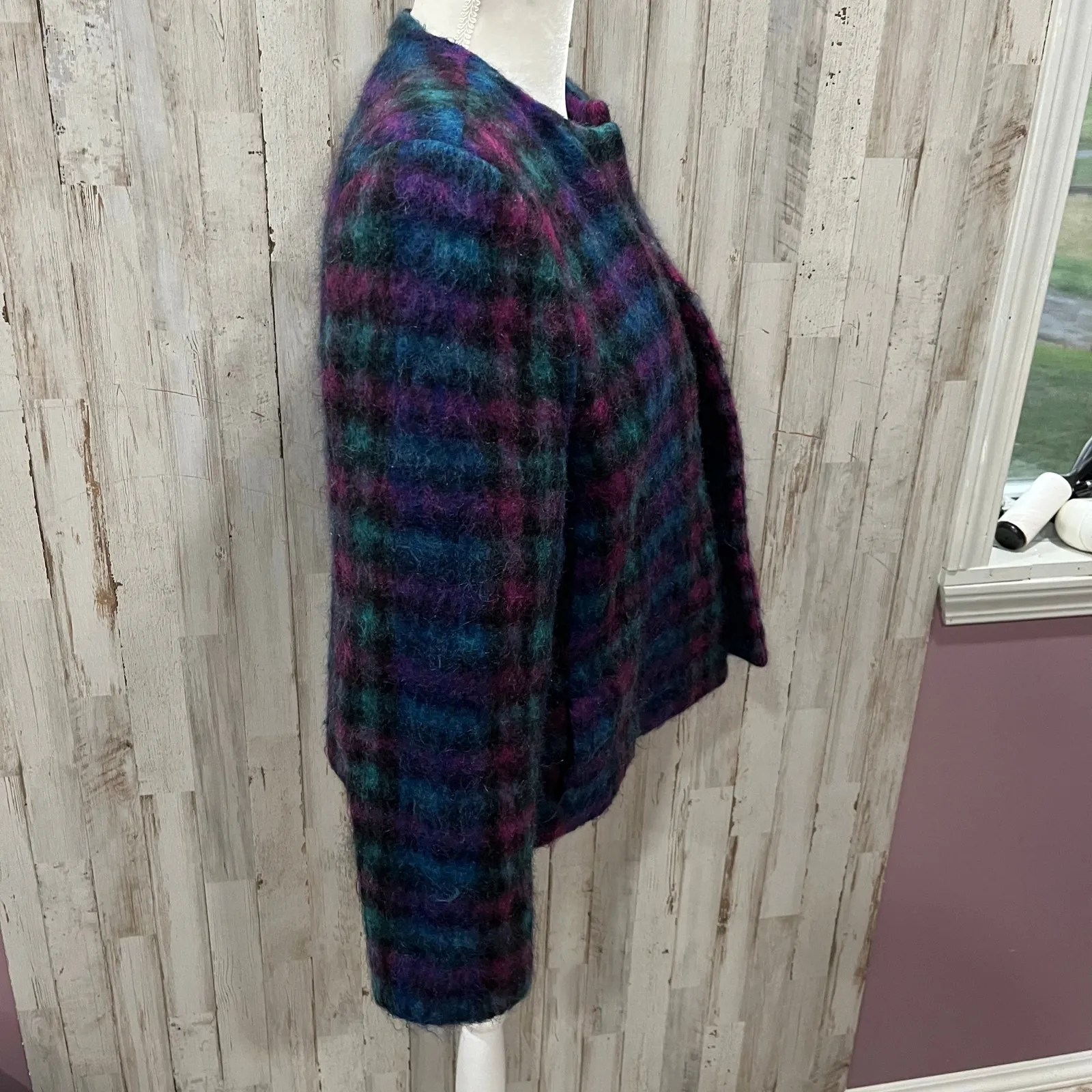 Vintage Lombardi Open Front Colorful Fuzzy Plaid Blazer Jacket Womens Medium 80s Blue - Image 3