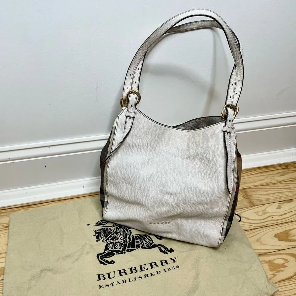 Burberry White Canterbury Satchel Tote‎ Bag Purse Nova Check Leather Signature - Image 2