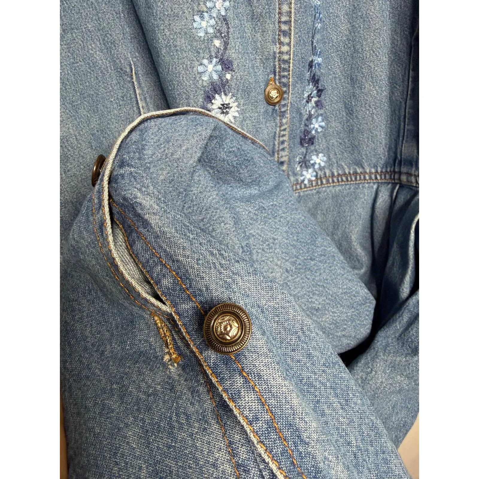 Studio West Vintage 90s 3X Denim Button Down Dress Sleeveless Floral Flowers - Image 5