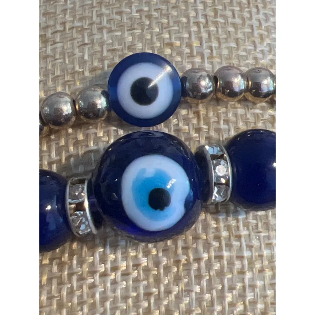 Set of 2 Evil Eye Beaded Bracelet Gold Tone Blue Glass Stretch Stack 6.5" 6.75" - Image 2