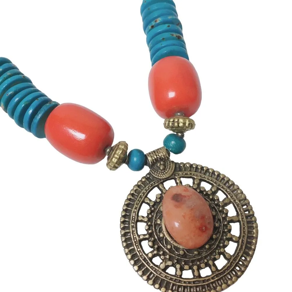 Handcrafted Boho Hippie Festival Wooden Bead Blue Orange Medallion Necklace - Image 2