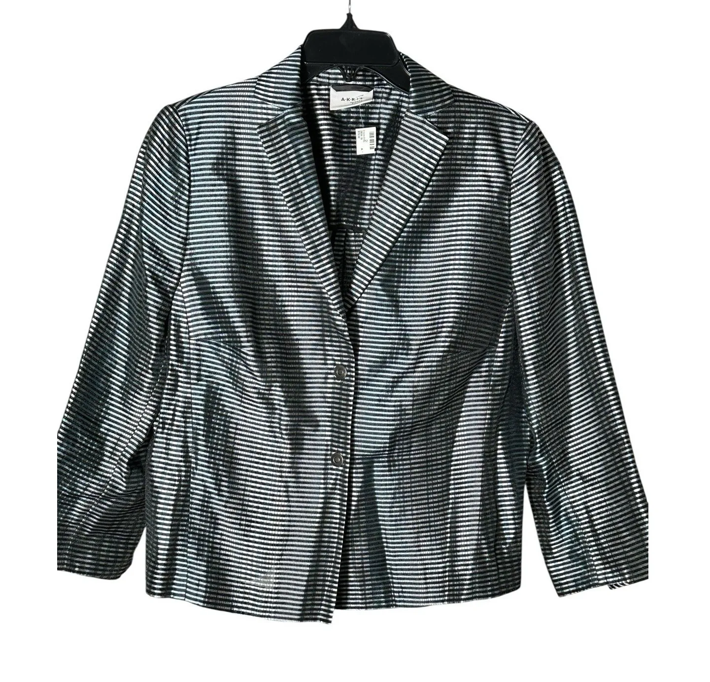 Akris Punto Luxury Blazer Sz 14 Silk Silver Blue Stripe 3/4 Sleeve Jacket #C11-8 - Image 1