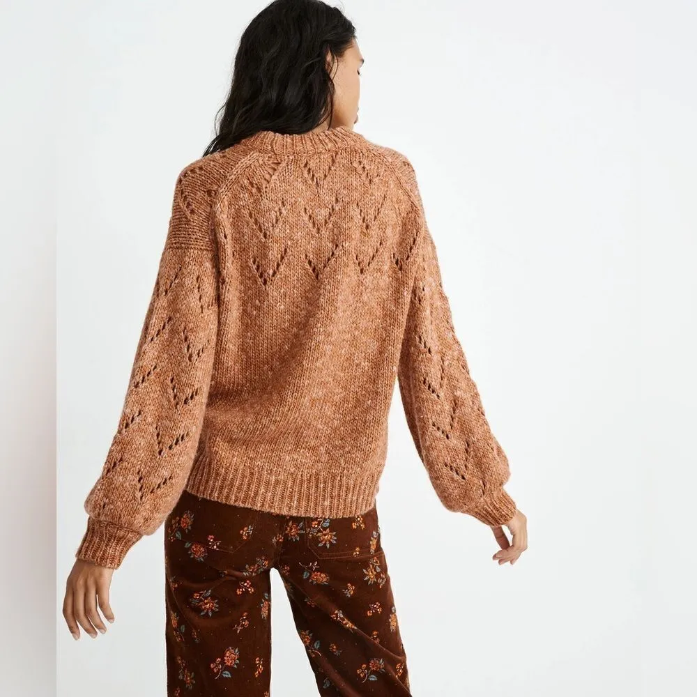Madewell Pointelle Bubble-Sleeve Pullover Sweater Rust Brown Terra Cotta Medium - Image 3