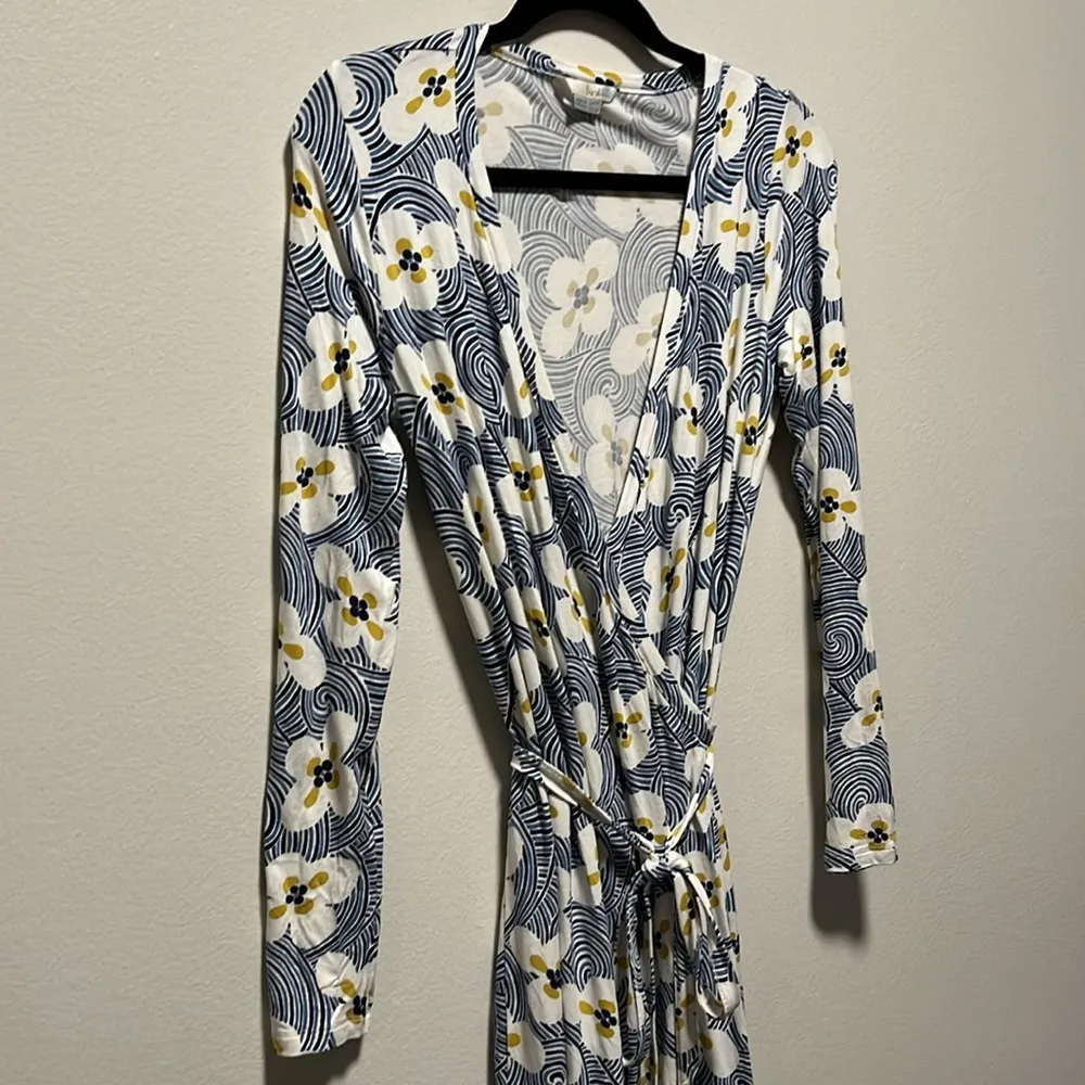 BODEN Blue & Yellow Flower Print Long Sleeve Wrap Dress, Size 6R - Image 3
