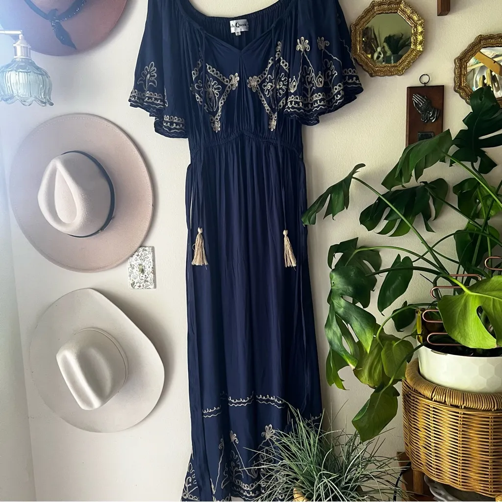 BALI QUEEN‎ boho embroidered Maxi Dress navy blue Women’s ONE SIZE resort vacay - Image 3