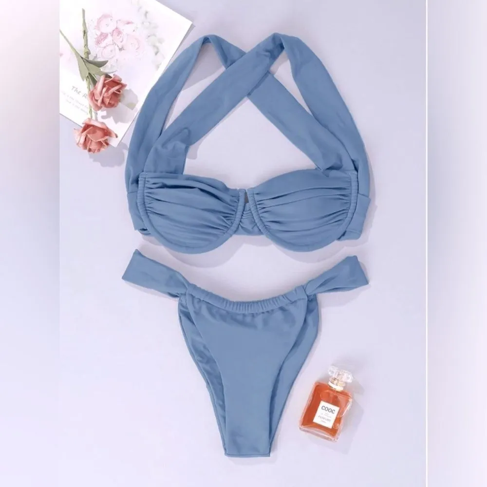 NWT Hilinker Blue Ruched Bikini Criss Cross Back High Cut Swimsuit Set Sz M Size M - Image 2