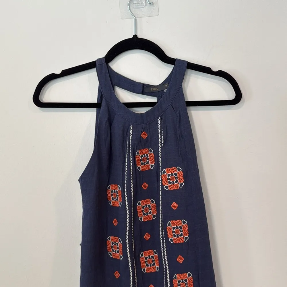 THML Anthropologie Navy Embroidered Boho Shift Dress Size Small - Image 3