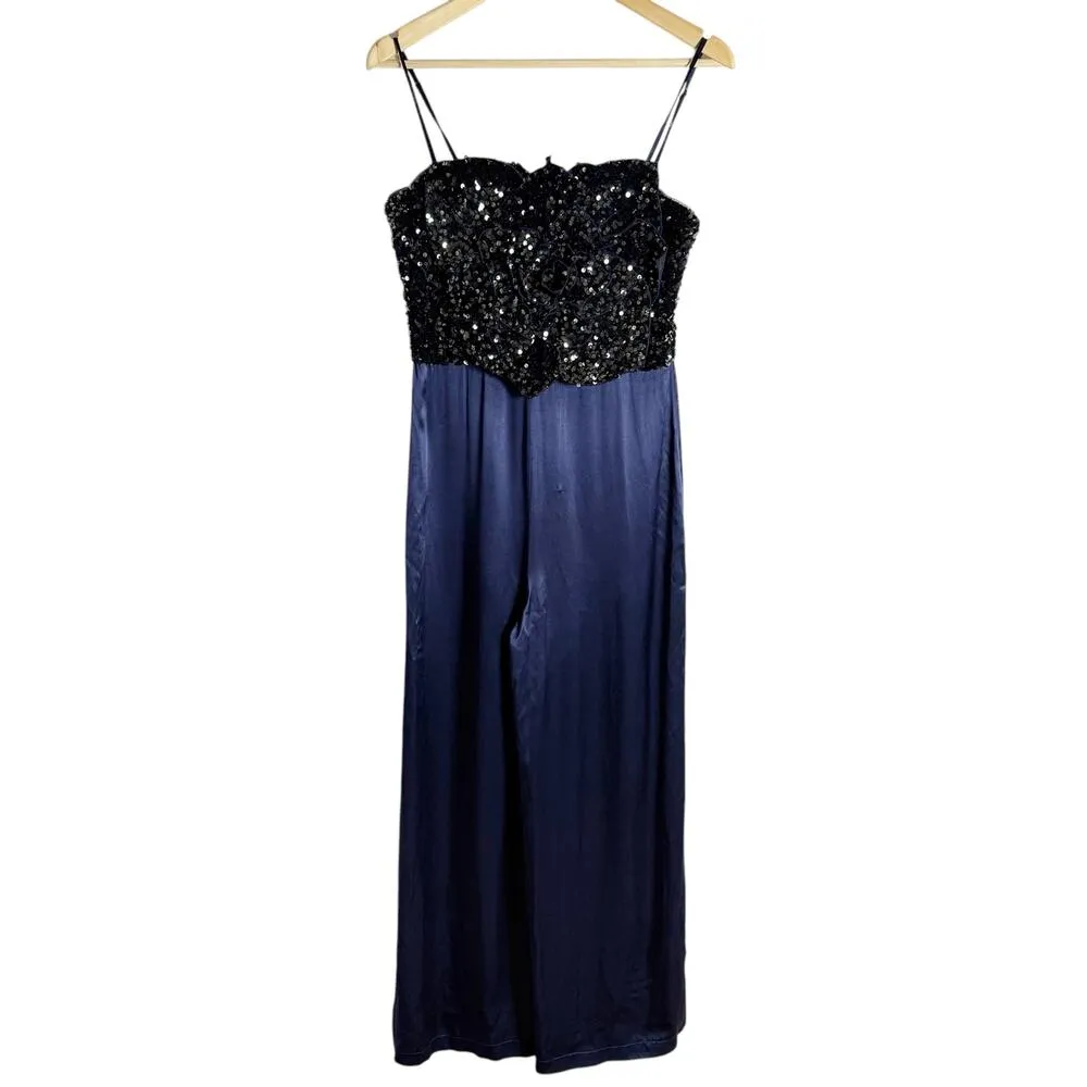 Badgley Mischka Rose Sequin Embellished Satin Wide Leg Cocktail Jumpsuit Size 10 - Image 6