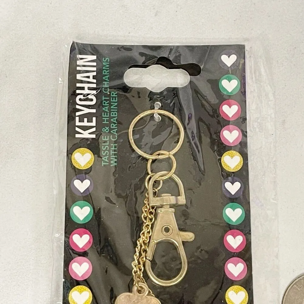 Gold Tone Purple Green Orange Tassel Heart Bag Charm Keychain Keyring - Image 4